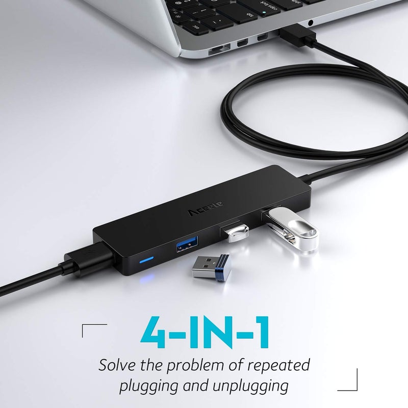 Aceele USB Hub 3.0 Splitter with 4ft Extension Long Cable Cord, 4-Port Ultra-Slim Multiport Expander for Desktop Computer PC, Laptop, Chromebook, Mac mini, iMac, PS4, Flash Drive Data and More - Image 2